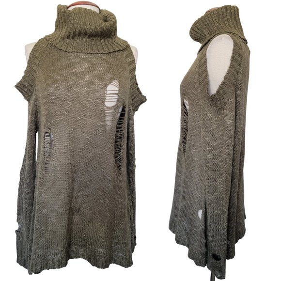 Easel Distressed Open Shoulder Sweater- Olive - Picture 3 of 4